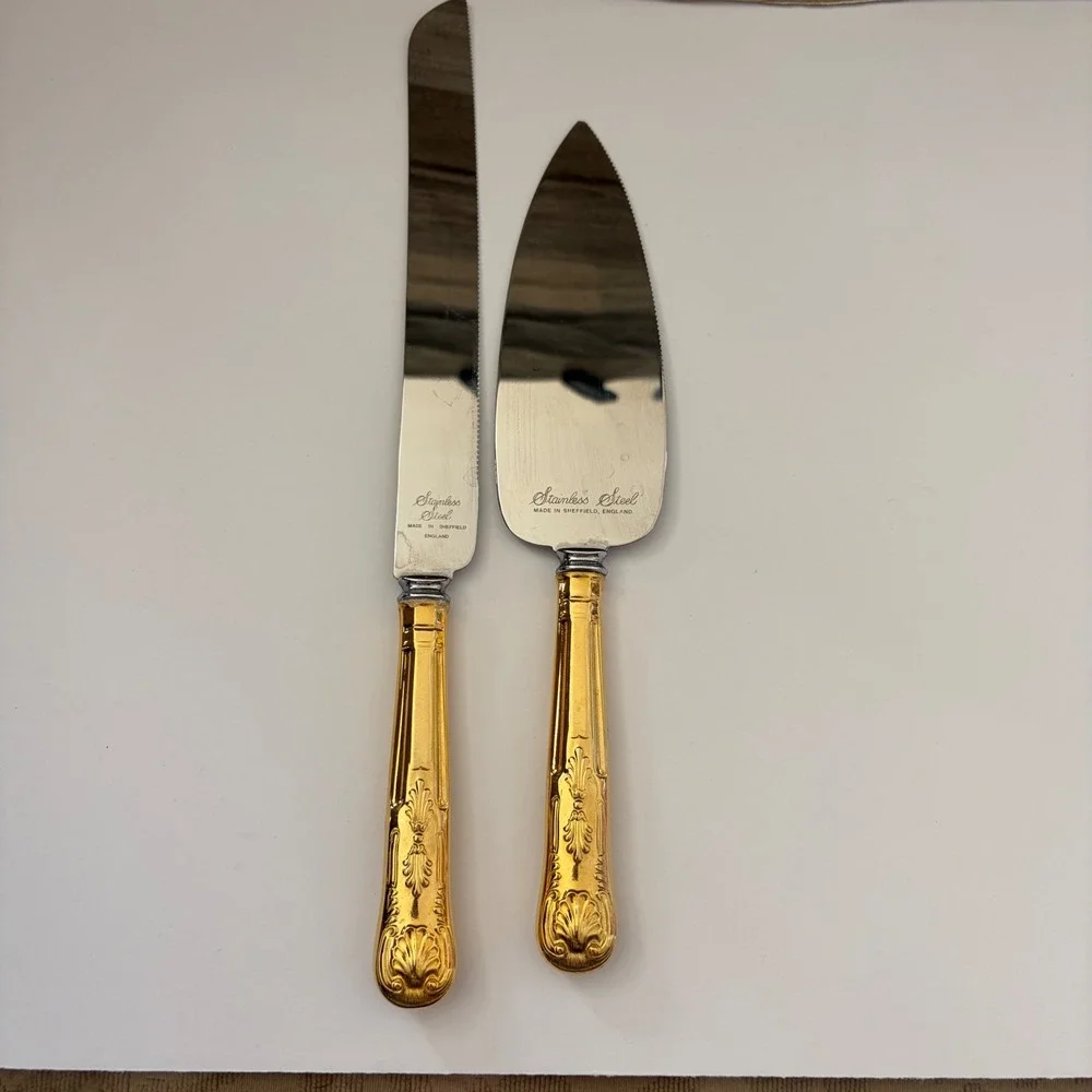 Vintage Sheffield England Stainless Steel Cake Server Knife Set Gold Ornate